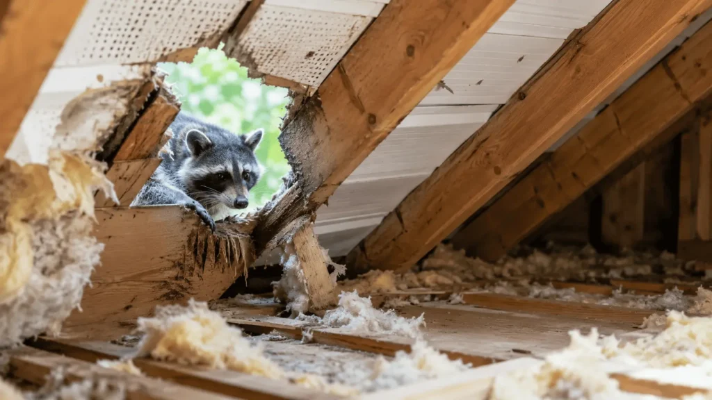 Raccoon entry point in the attic of an Aurora home