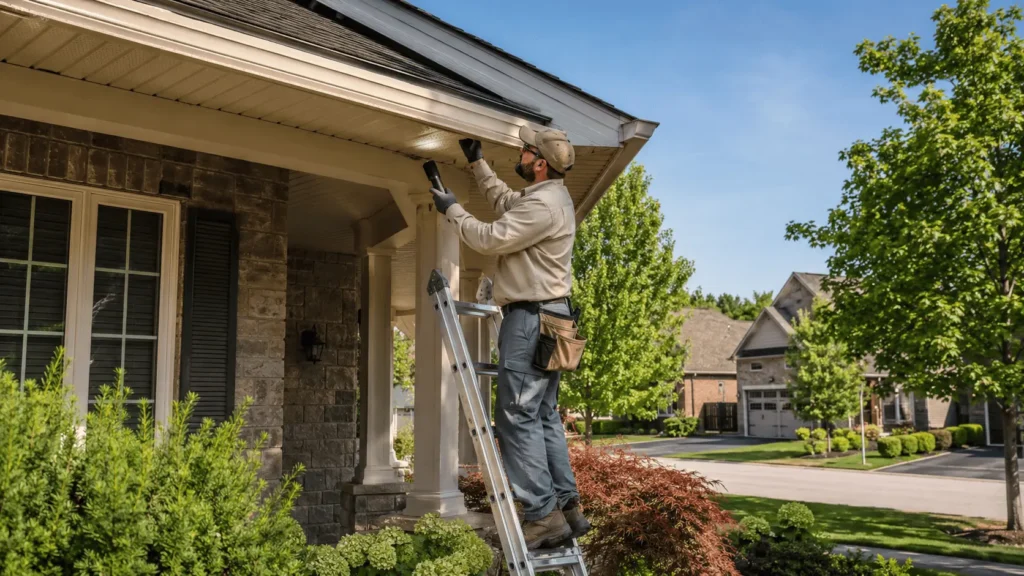 Licensed pest control technician inspecting an Aurora roofline