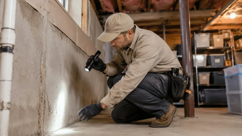 Licensed pest control technician inspecting a Whitby basement