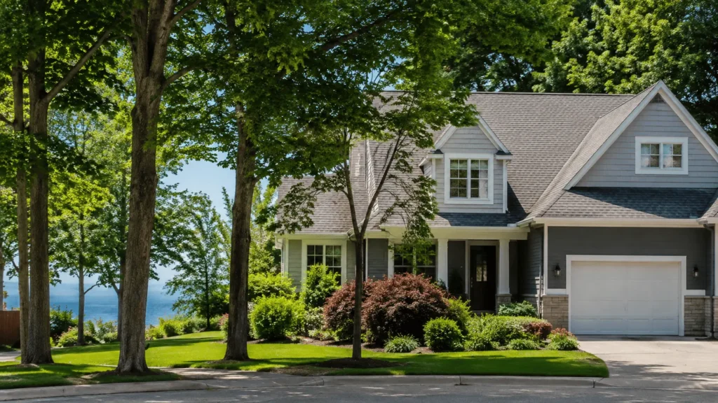 Home in Whitby, Ontario surrounded by trees near the lake