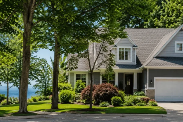 Home in Whitby, Ontario surrounded by trees near the lake