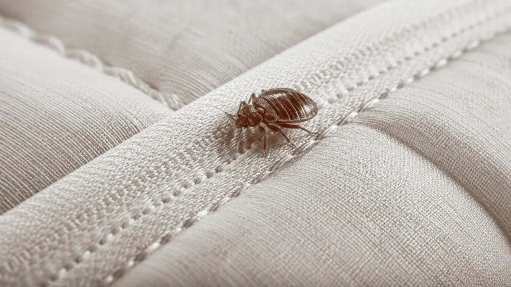 Close-up of a bed bug on a mattress seam