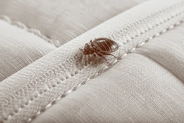 Close-up of a bed bug on a mattress seam