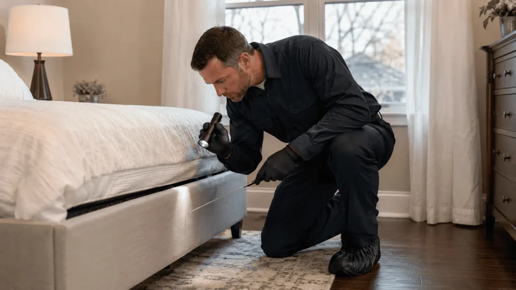 Licensed technician inspecting a bedroom for bed bugs
