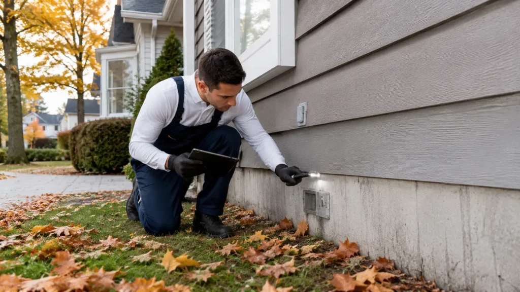 Licensed pest control technician performing a fall exterior inspection