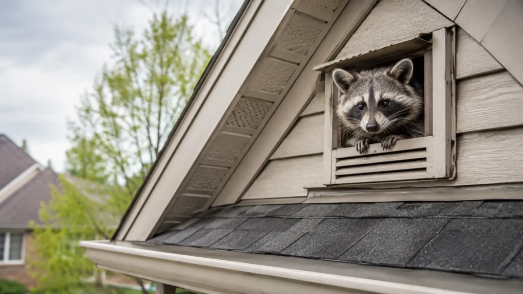 Raccoon peeking out of an attic vent on an Ontario home