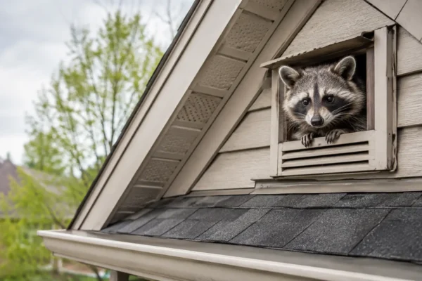 Raccoon peeking out of an attic vent on an Ontario home
