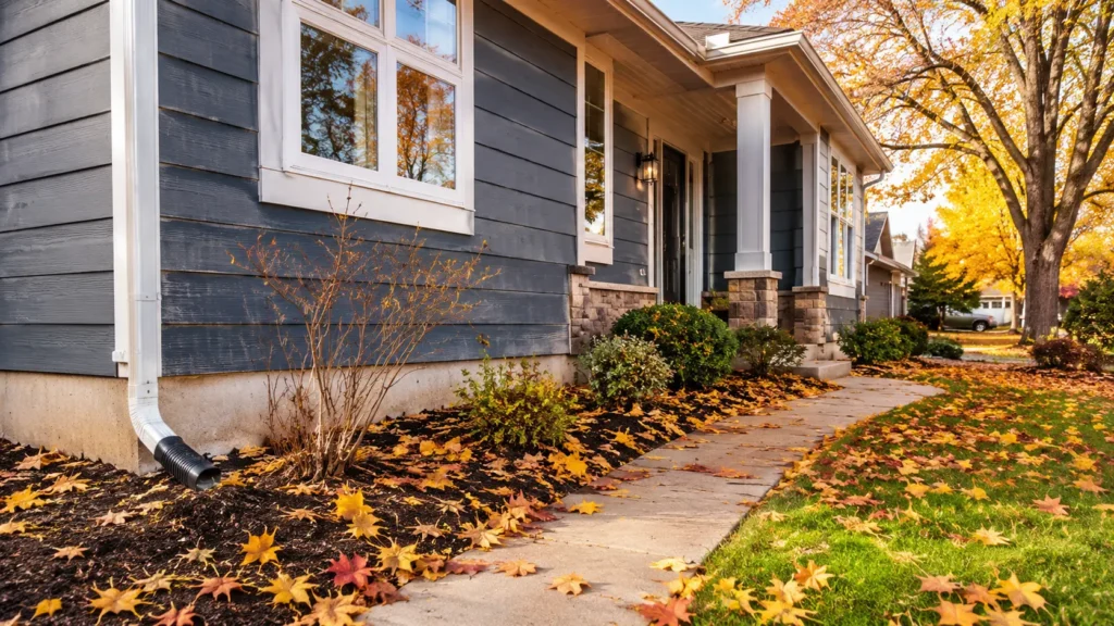 Ontario home in autumn with fallen leaves around the foundation