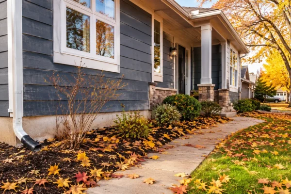 Ontario home in autumn with fallen leaves around the foundation