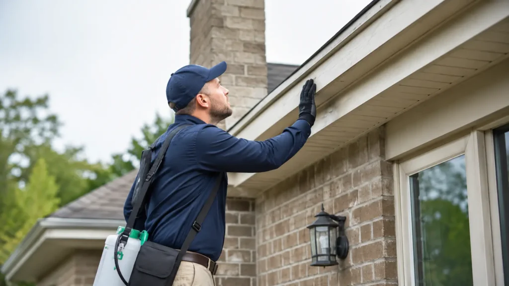 Wildlife technician inspecting a roofline for raccoon entry points