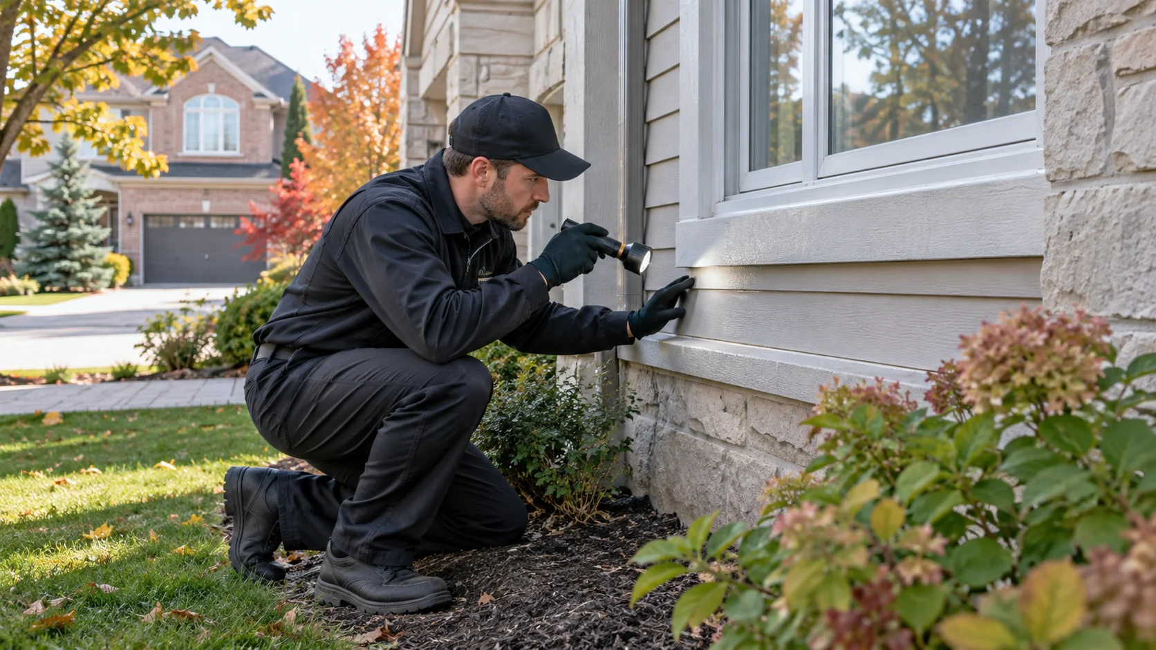 Licensed pest control technician inspecting a Markham home