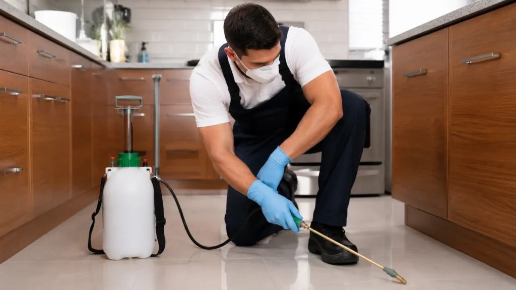 Licensed technician treating a kitchen for cockroaches