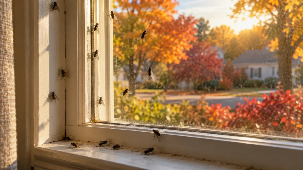 Cluster flies gathered on a sunlit window in fall