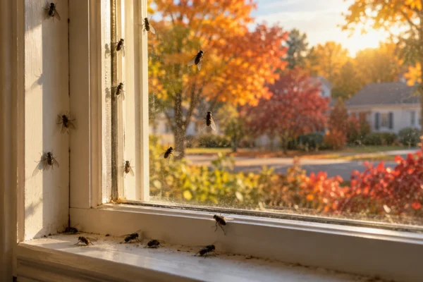 Cluster flies gathered on a sunlit window in fall