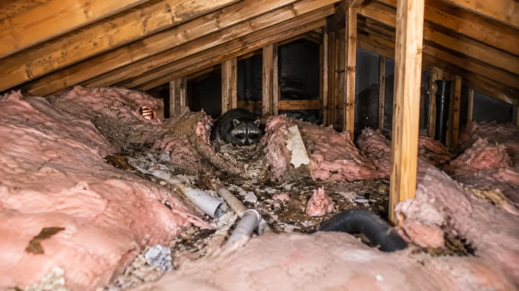 Attic insulation damaged by a raccoon den