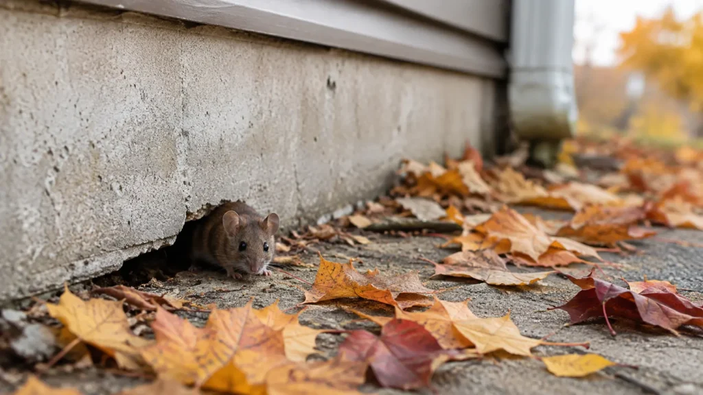 Mouse near a foundation gap in fall