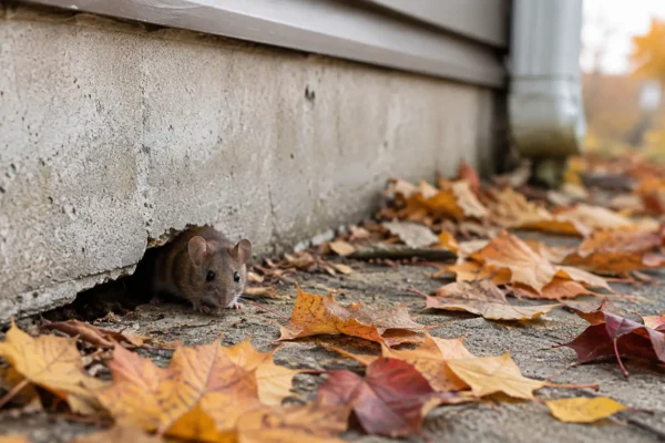 Mouse near a foundation gap in fall