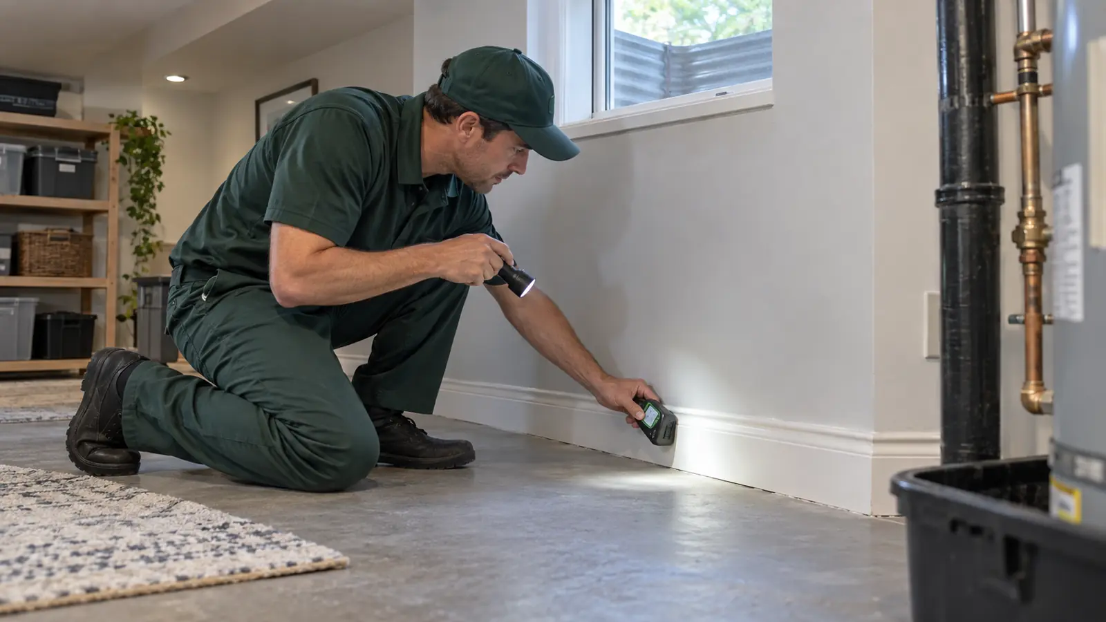 Pest control technician inspecting a basement for earwig activity