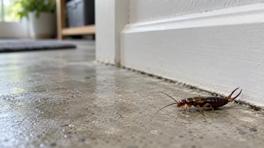 Earwig on a damp basement surface
