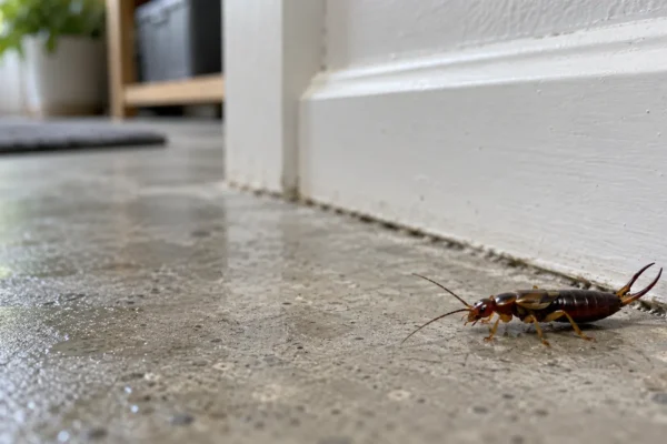 Earwig on a damp basement surface