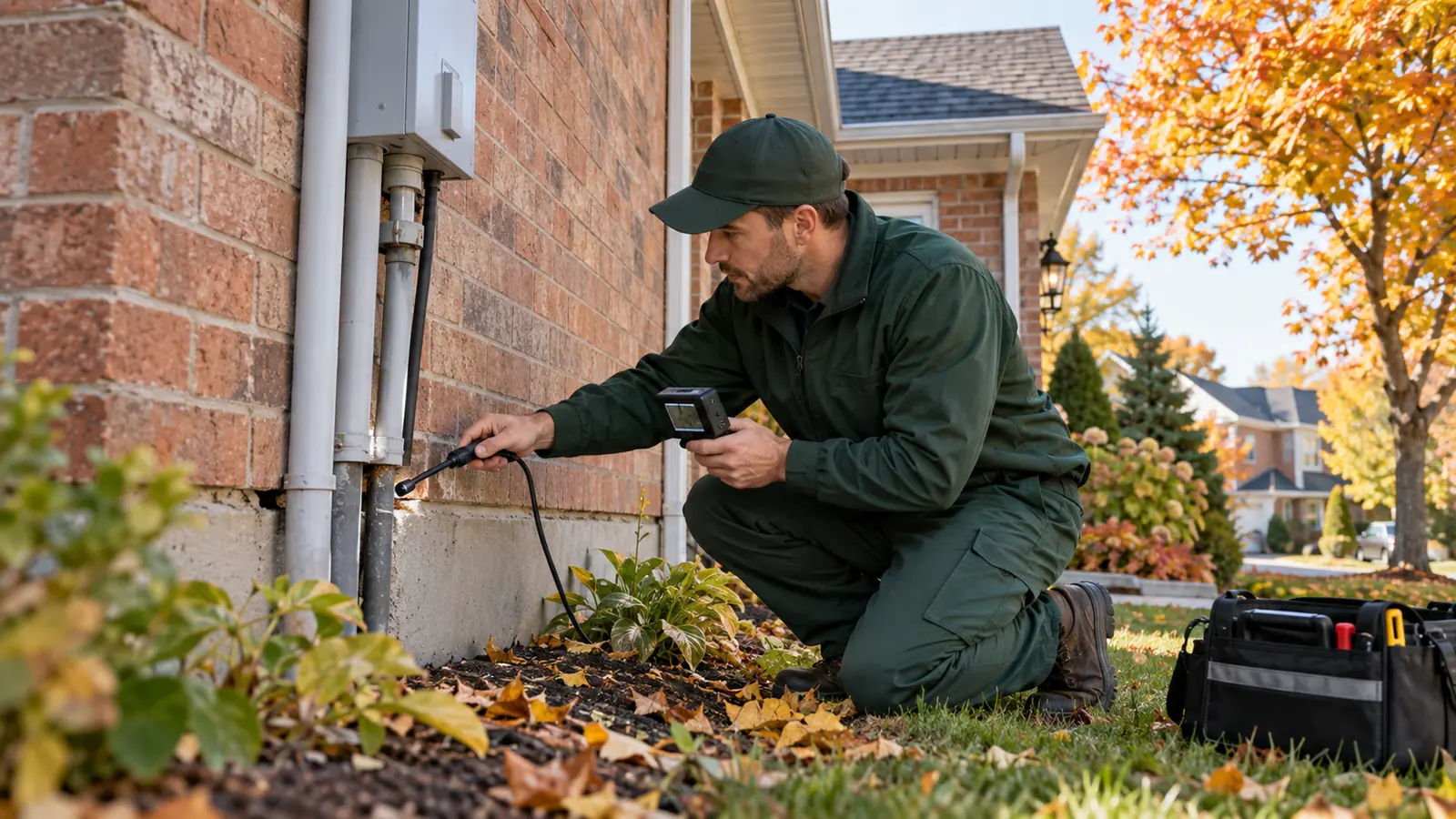 Pest control technician conducting a fall rodent inspection