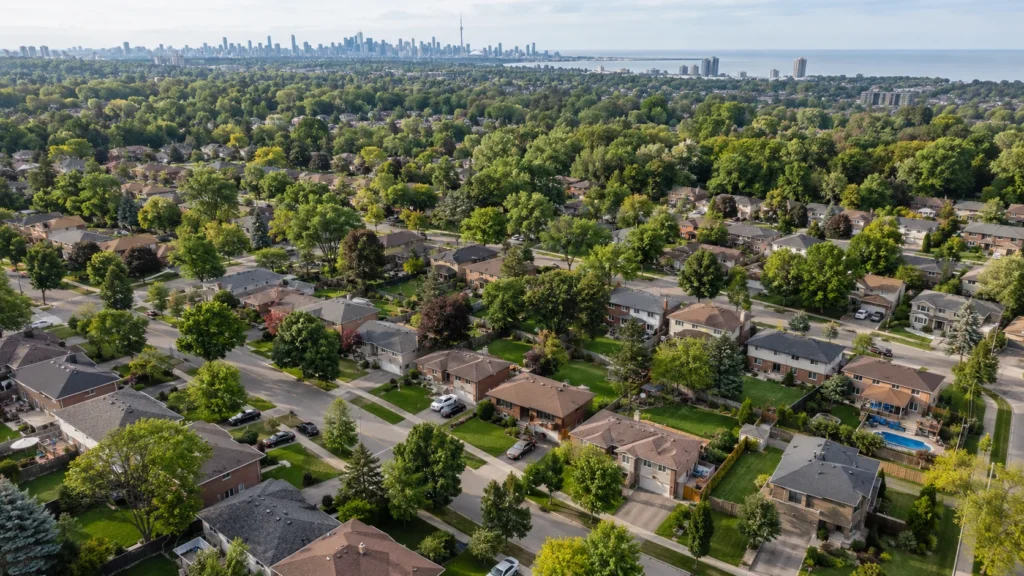 Aerial view of Greater Toronto Area homes and neighbourhoods