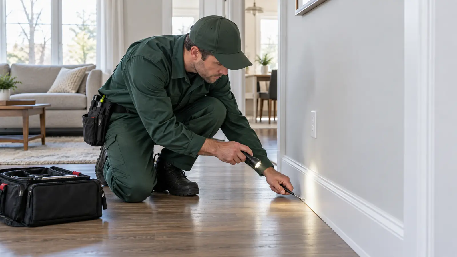 Technician conducting a free pest control inspection