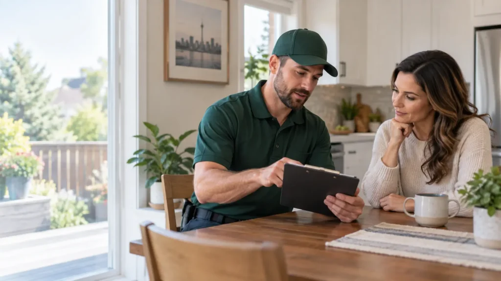 Pest control technician explaining a service quote to a homeowner