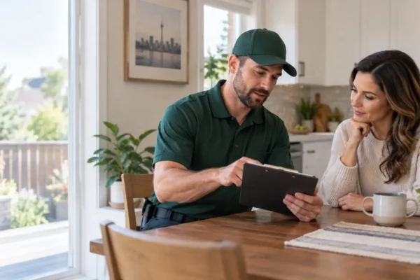 Pest control technician explaining a service quote to a homeowner