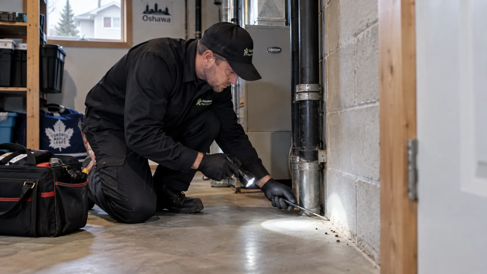 Pest control technician inspecting an Oshawa property for rodents