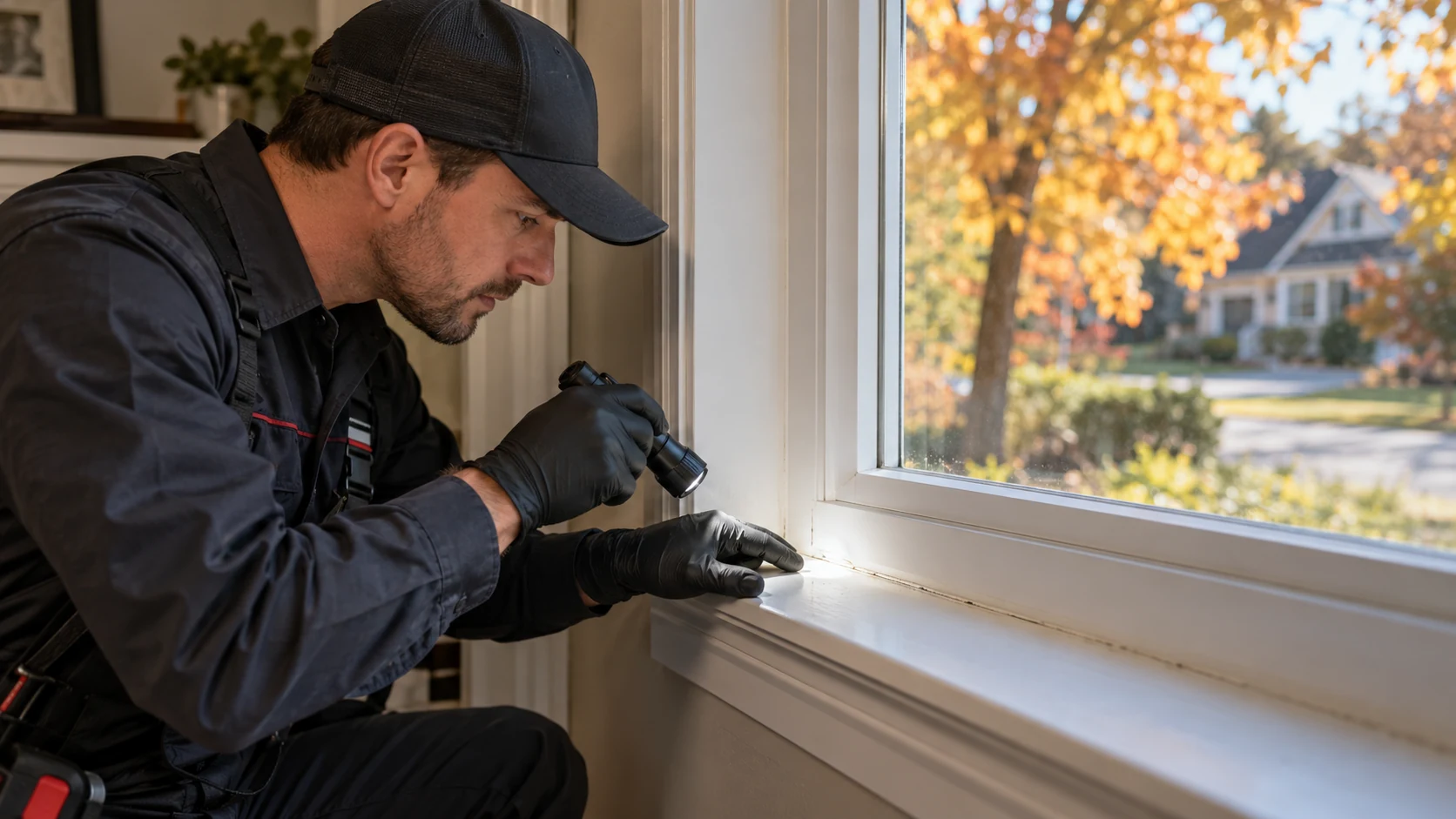 Pest control technician inspecting a window for cluster fly entry points
