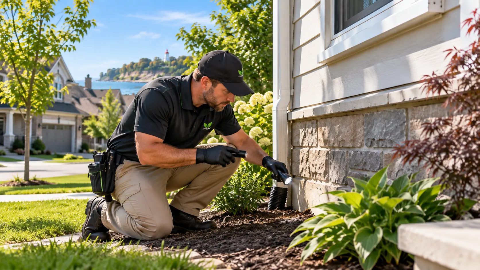 Pest control technician inspecting a Bowmanville home