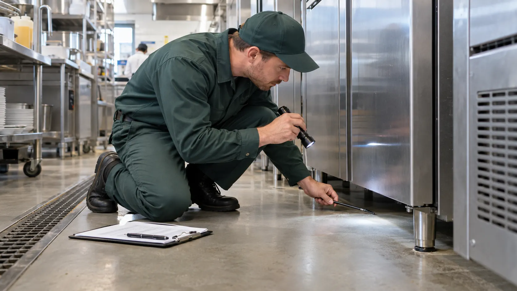 Technician conducting a commercial pest inspection in Oshawa