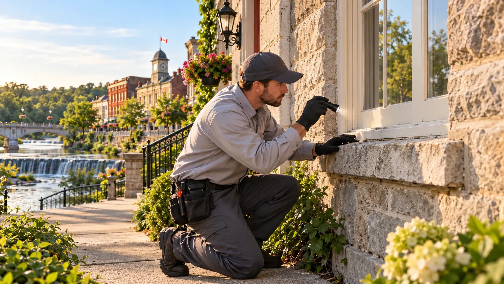 Pest control technician inspecting a historic Port Hope building