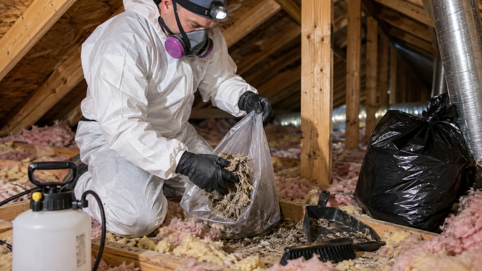 Technician in protective equipment handling rodent cleanup