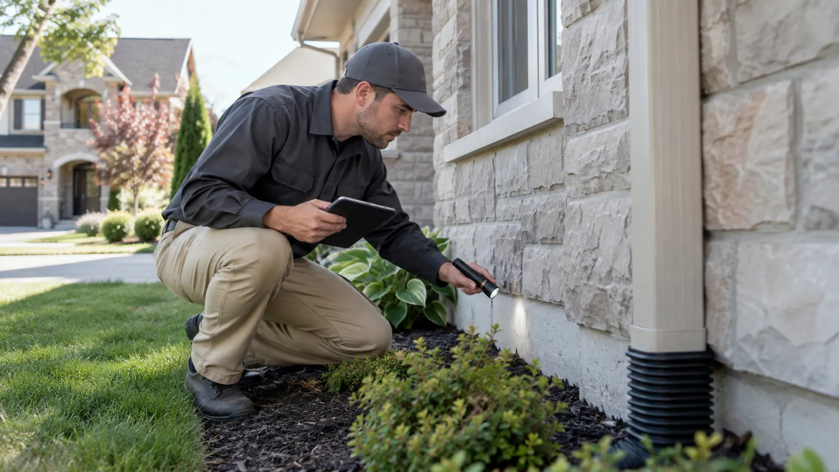 Pest control technician inspecting a Vaughan home