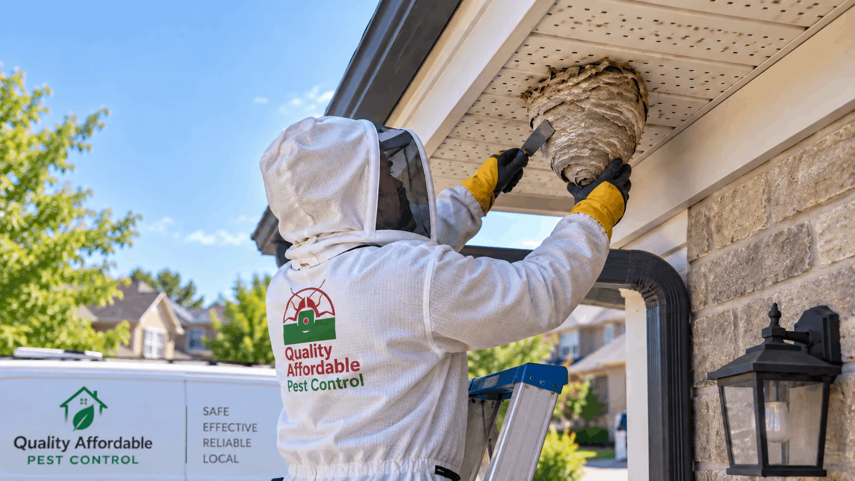 Technician removing a wasp nest from an Oshawa home