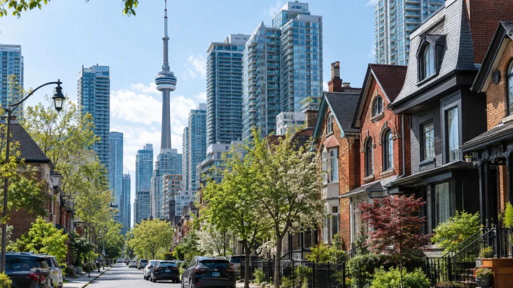Toronto skyline with a mix of condo towers and older row houses