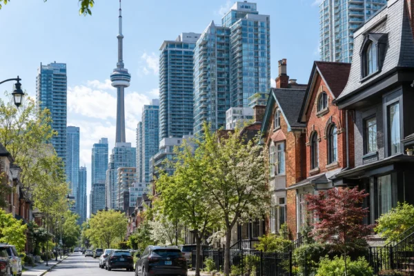 Toronto skyline with a mix of condo towers and older row houses