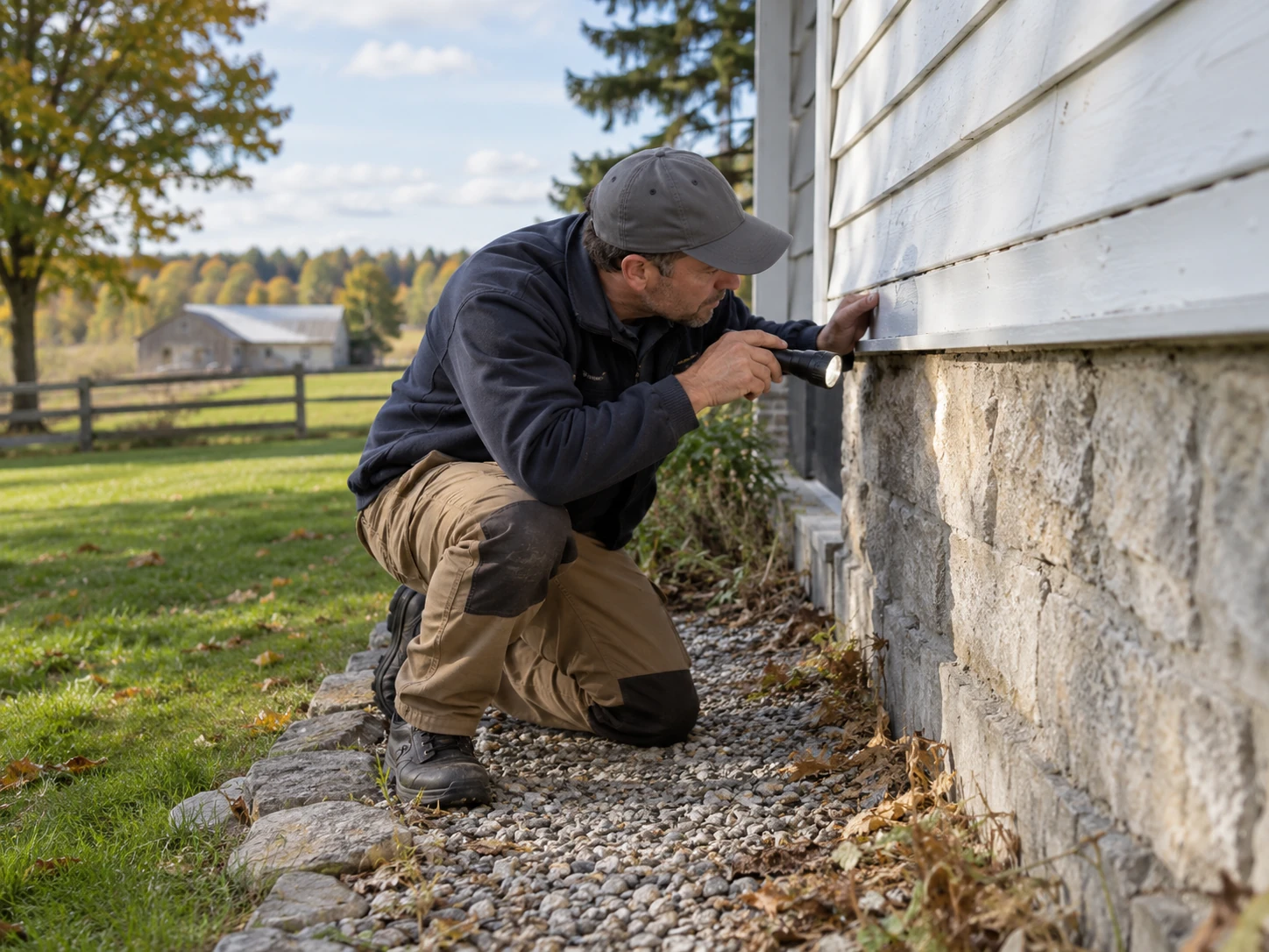 Pest control technician inspecting a foundation or outbuilding at a Bradford property