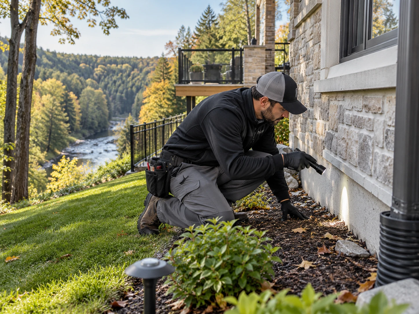 Pest control technician inspecting a foundation at a valley-backing Bolton home near the treeline