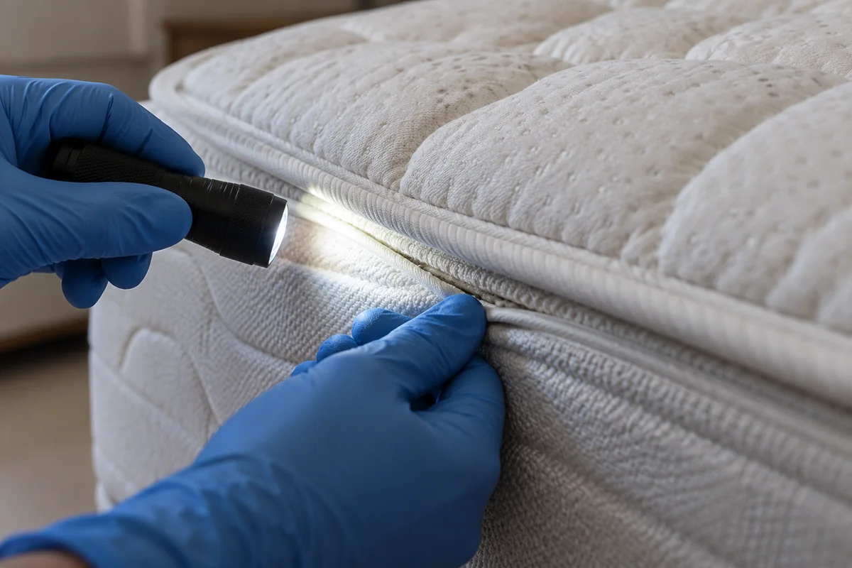 Checking a mattress seam for bed bugs between bookings