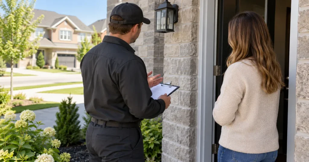 Homeowner speaking with a pest control technician in Whitby