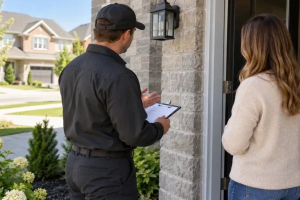 Homeowner speaking with a pest control technician in Whitby