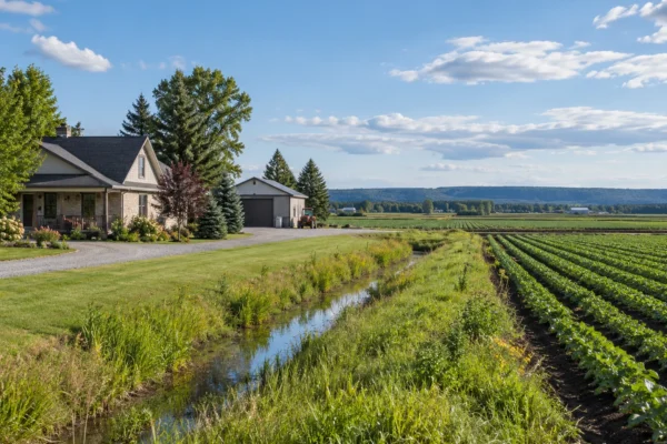 Farmland edge with a rural home or outbuilding near the Holland Marsh in Bradford