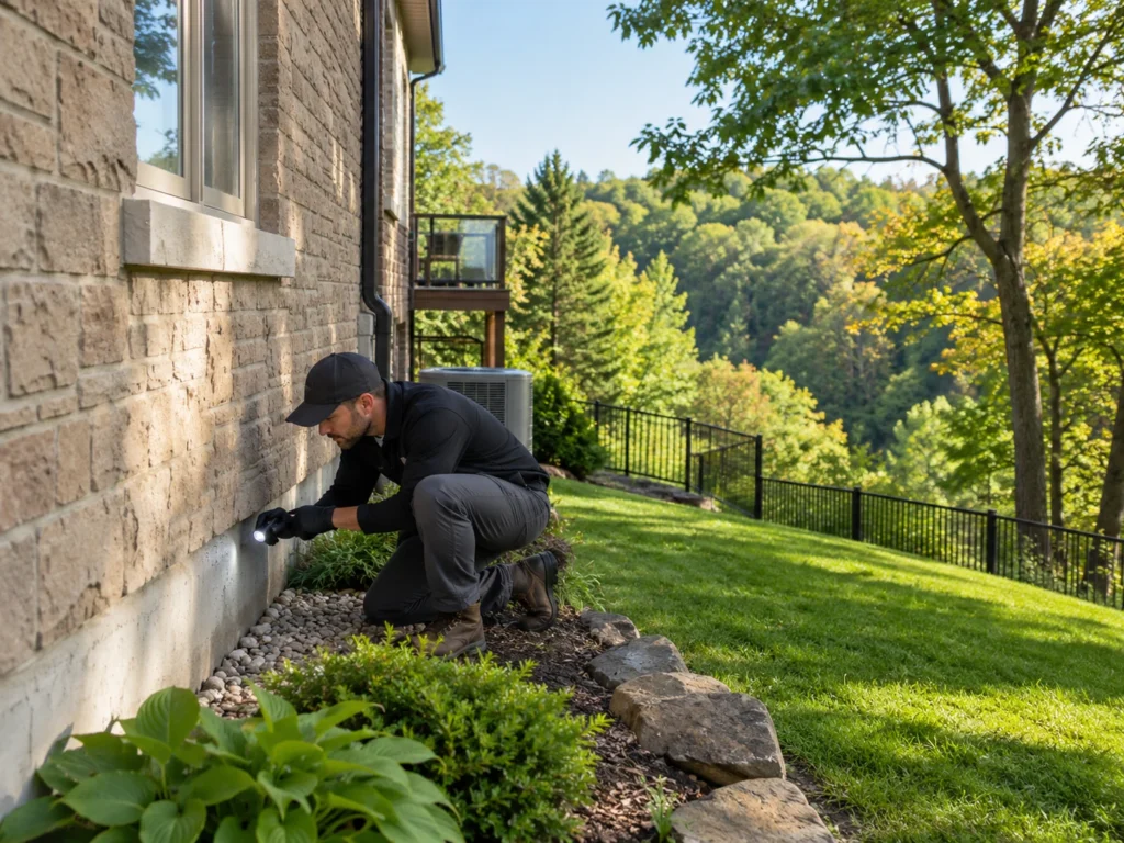 Pest control technician inspecting the exterior foundation of a ravine-backing Richmond Hill home