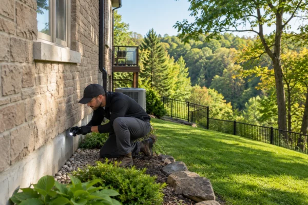 Pest control technician inspecting the exterior foundation of a ravine-backing Richmond Hill home
