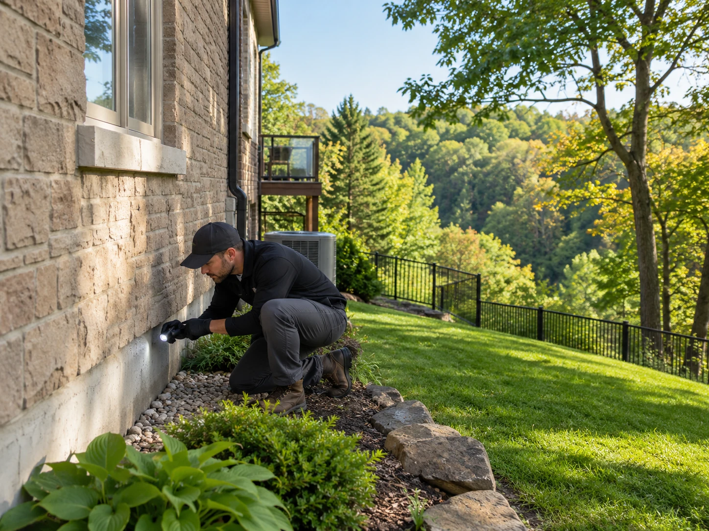 Pest control technician inspecting the exterior foundation of a ravine-backing Richmond Hill home