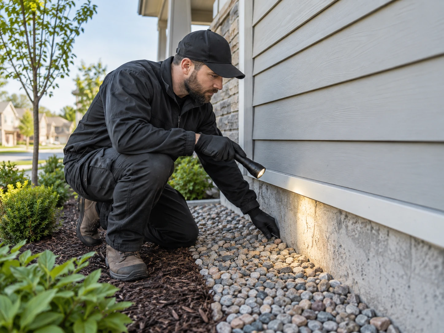Pest control technician inspecting the foundation or siding of a Stouffville property