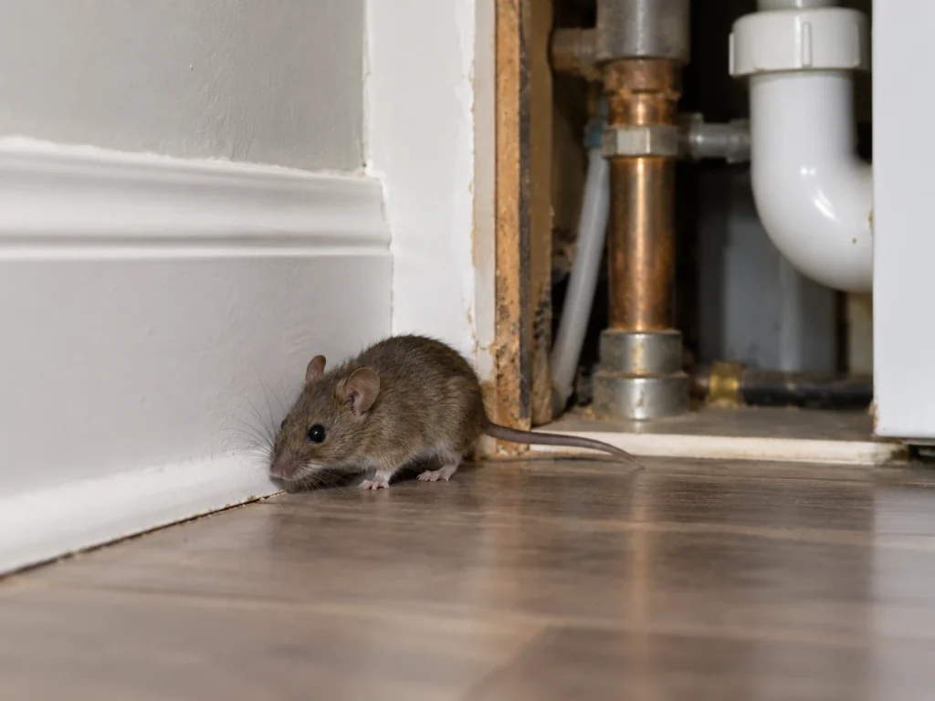 Mouse near a baseboard or plumbing chase in a Richmond Hill apartment or townhome